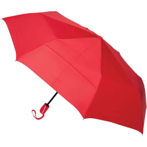 A red auto open/close umbrella featuring a black handle and a small logo.