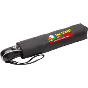 A black umbrella with an automatic open/close feature, packaged in a compact sleeve with a logo.