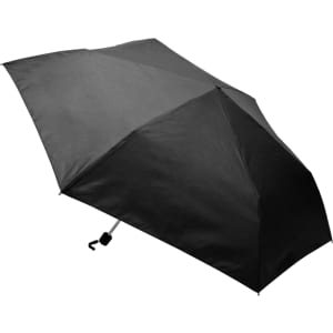 A black pocket umbrella with a compact design and a small adjustable handle. It has a logo on its surface.