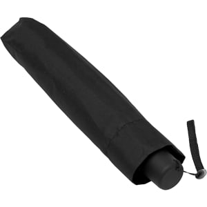 A black compact umbrella folded neatly in a protective fabric cover, featuring a loop for easy carrying.