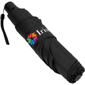 A compact black umbrella featuring a logo, designed for leisure and outdoor use.