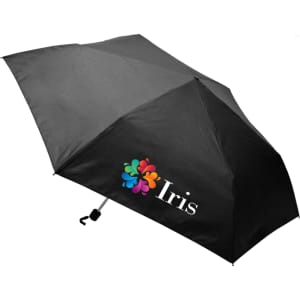 A black umbrella with a colourful logo and branding, designed for leisure and outdoor use.