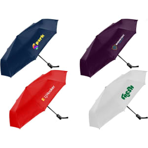 A set of four fold-up umbrellas in navy, red, burgundy, and white, each featuring a logo.