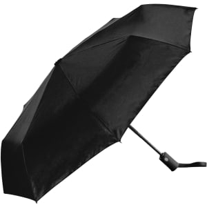A black fold-up umbrella featuring a sleek design and a handle with a logo.