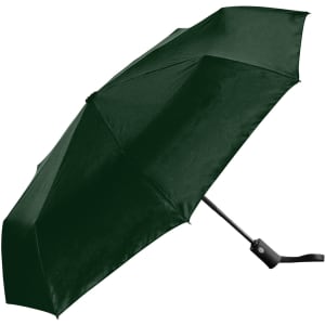 A dark green fold-up umbrella with a black handle and a logo on the side.