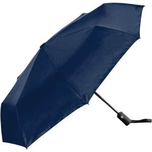 A fold-up umbrella in navy blue, featuring a black handle and a logo on the canopy.