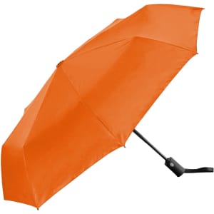 An orange fold-up umbrella with a black handle and a logo on the shaft.