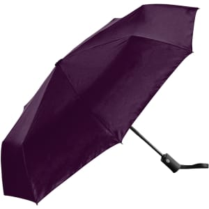 A fold-up umbrella in a rich dark purple colour with a black handle and a logo on the shaft.
