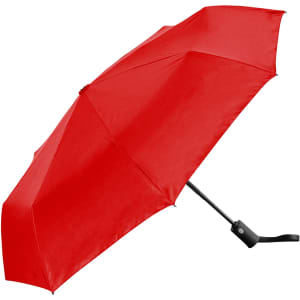 A red fold-up umbrella with a black handle and a logo.