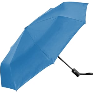 A blue fold-up umbrella features a black handle and a sleek design, ideal for portable use.