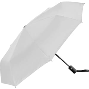 A folded white umbrella with a black handle and a logo on the shaft.