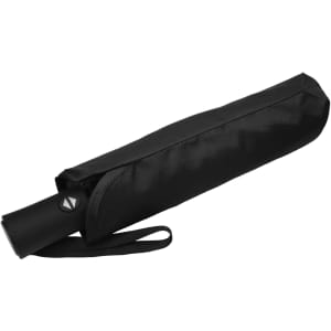A black fold-up umbrella in its case, featuring a sleek design and a strap for carrying.
