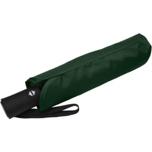 A green fold-up umbrella in a matching carry case, featuring a black handle and strap.