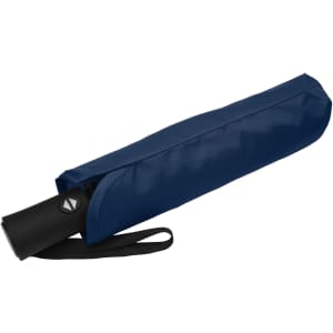 A navy fold-up umbrella with a black handle, contained in a matching cover with a strap.