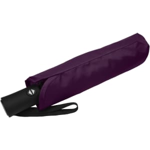 A purple fold-up umbrella with a black handle, housed in a matching protective sleeve. It features a carrying strap.