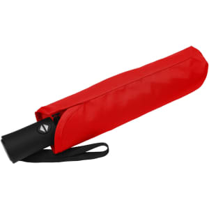 A red fold-up umbrella in a matching protective sleeve with a black handle and a branding logo.