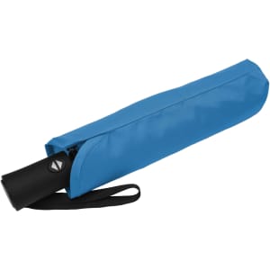 A blue fold-up umbrella in its matching cover, featuring a black handle and a logo.