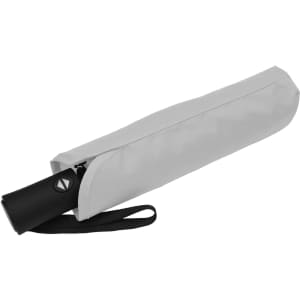 A folded black umbrella in a grey carrying sleeve with a strap, featuring a logo.