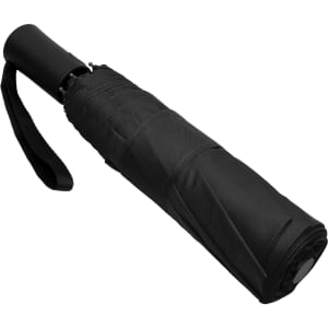 A black fold-up umbrella with a compact design, featuring a strap and a logo on the handle.
