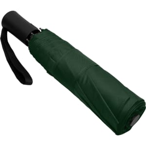 A green Como Fold-Up Umbrella, neatly folded with a black handle and strap. It features a logo on the surface.