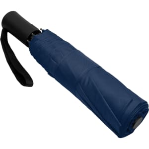A navy fold-up umbrella with a black handle and a strap for easy carrying. It features a logo on the handle.