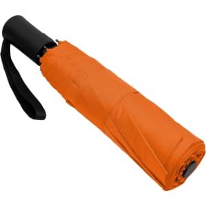 An orange fold-up umbrella with a black handle and strap, securely closed and compact for easy carrying.