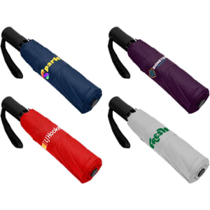 A collection of fold-up umbrellas in red, navy, purple, and white, each featuring different logos.