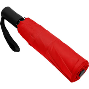 A red fold-up umbrella with a black handle and strap, closed and compact. It features a branding logo.
