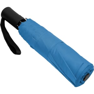 A blue fold-up umbrella with a black handle and strap, compactly rolled and secured.