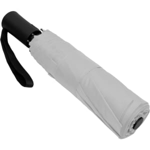 A fold-up umbrella in white with a black handle and a black strap for easy carrying.