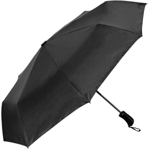 A black RPET fold-up umbrella with a sleek design and a compact handle, featuring a logo.
