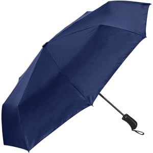 A navy blue fold-up umbrella made from RPET material, featuring a compact design and a logo.