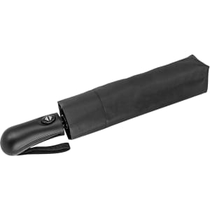 A black fold-up umbrella with a curved handle and strap, featuring a compact design for easy storage.