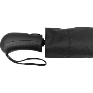 A black RPET fold-up umbrella with a textured handle and a storage sleeve. It features a logo on the handle.