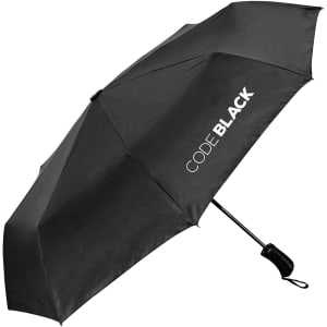 A black fold-up umbrella with a logo and a compact design for leisure and outdoor use.