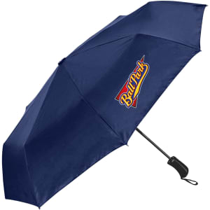 A navy fold-up umbrella made from RPET material, featuring a logo on the canopy.