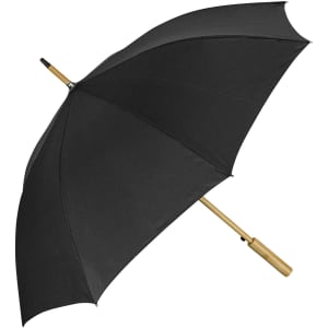 A black umbrella with a wooden handle and a gold-tone shaft, featuring a logo on the canopy.