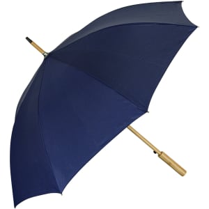 A navy blue RPET umbrella with a wooden handle and a metal frame, featuring a logo.