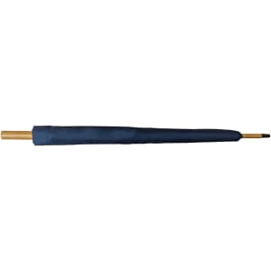 A navy RPET umbrella with a gold handle, featuring a simple design and a branding logo.
