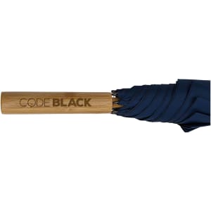 A navy RPET umbrella featuring a wooden handle with an engraved logo.