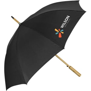A black RPET umbrella with a wooden handle and a logo on the canopy, ideal for leisure and outdoor activities.