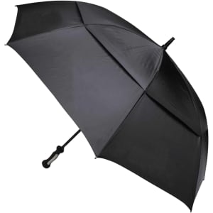 A black RPET golf umbrella with a sturdy frame and handle, featuring branding on the canopy.