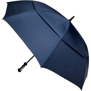 A navy blue RPET golf umbrella with a black handle and an emblem on the canopy.
