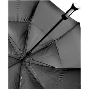 A black RPET golf umbrella with a sturdy handle and a reinforced frame, featuring an interior view of its structure.