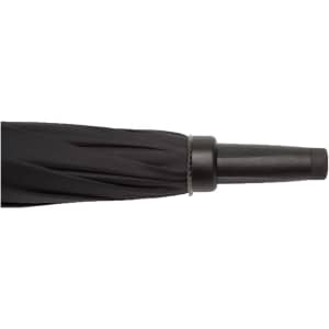 A black RPET golf umbrella with a solid handle and a sleek, folded design. It features branding on the handle.