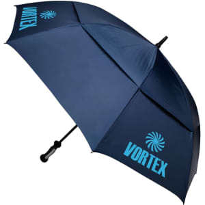 A navy blue RPET golf umbrella featuring a logo and a sturdy handle. Ideal for outdoor leisure activities.