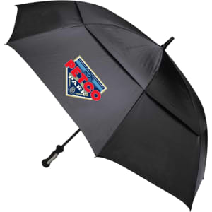 A black RPET golf umbrella featuring a logo, designed for leisure and outdoor activities.