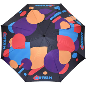 A full-colour promotional umbrella featuring a bold design with orange, purple, and blue graphics on a black background.