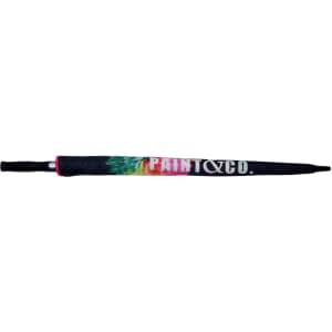 A golf umbrella with a vibrant floral design, featuring a black canopy and a handle. It includes a logo.