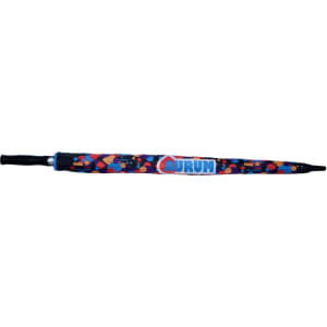 A golf umbrella featuring a vibrant, multicoloured design with a handle cover and a logo.